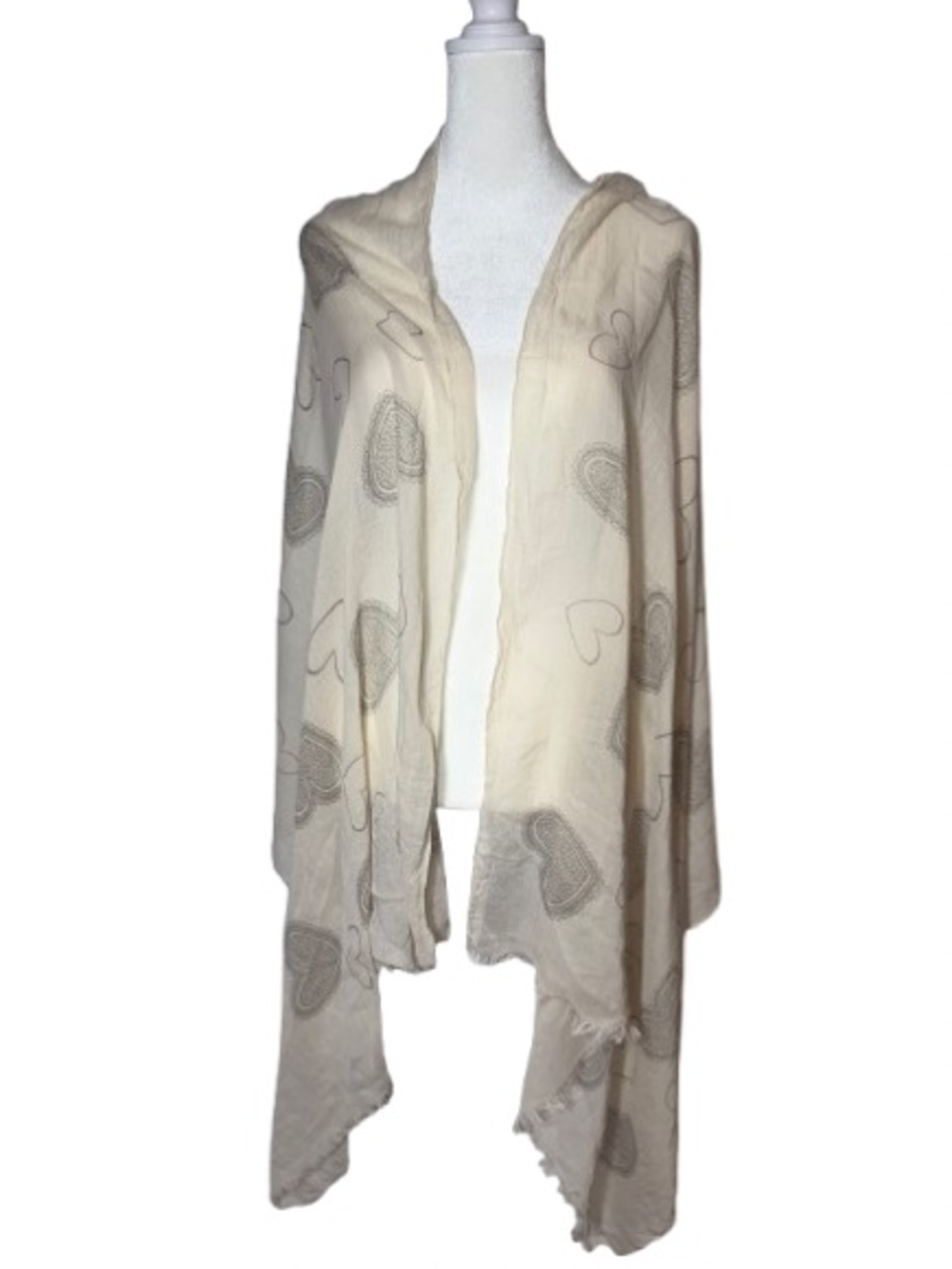 Cream & Gray Heart Pattern Lightweight
Sheer Shawl. Scarf, Poncho, Cardigan Wrap